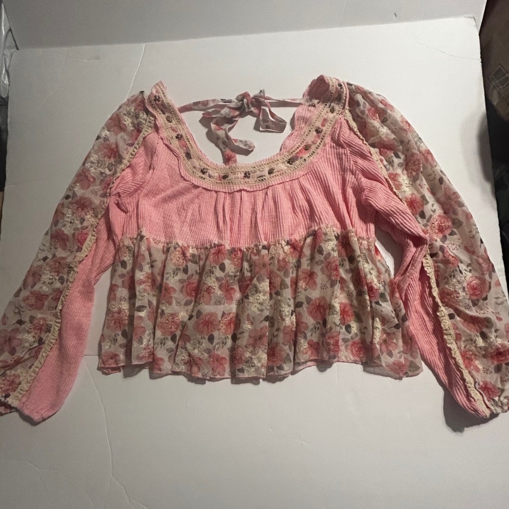 POL Pink Floral Ribbed Crochet Lace Peplum Top Sm Coquette Romantic Boho Chic